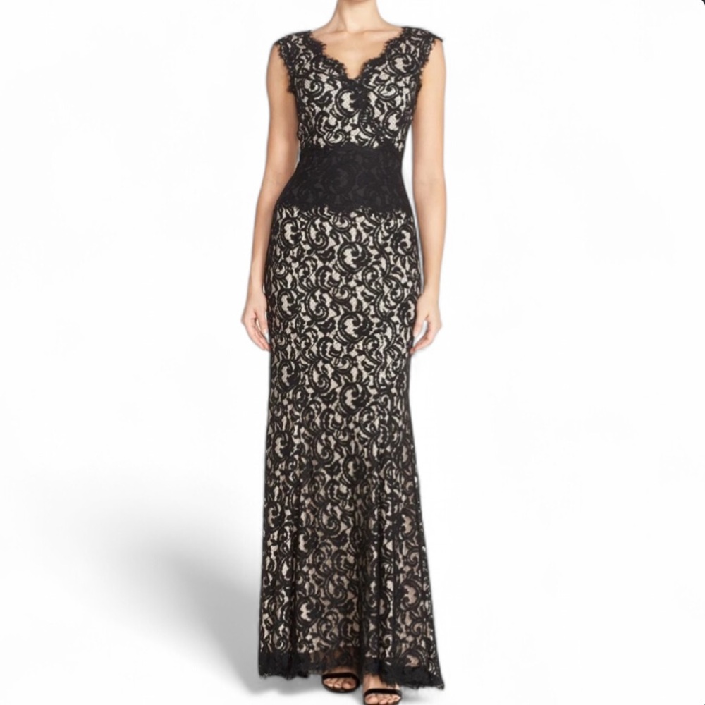 Tadashi‎ Shoji Black and Cream Contrast Lace Waist Evening Gown Women’s Size 10